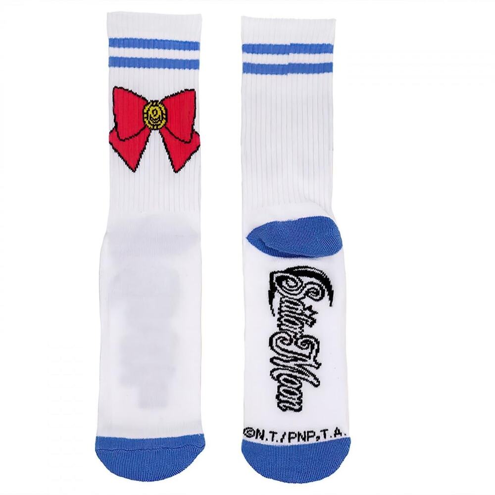 Sailor Moon Anime Crew Socks Pink Bow Blue Stripes White NWT Shoe Size 4-10